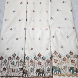 Elephant Daman Beads Embroidery On Pure Kora Cotton
