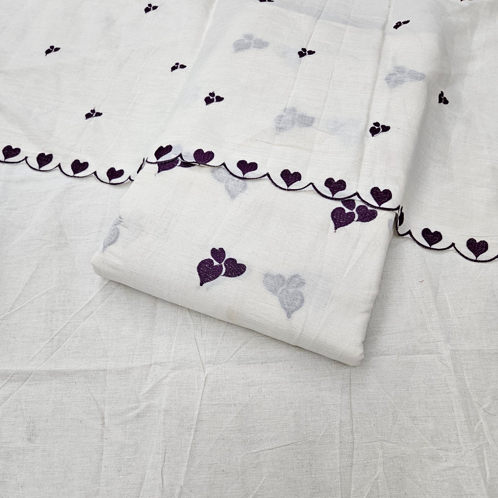 Pure Kora Cotton 3PC Heart Embroidery Suit Fabric - Image 10
