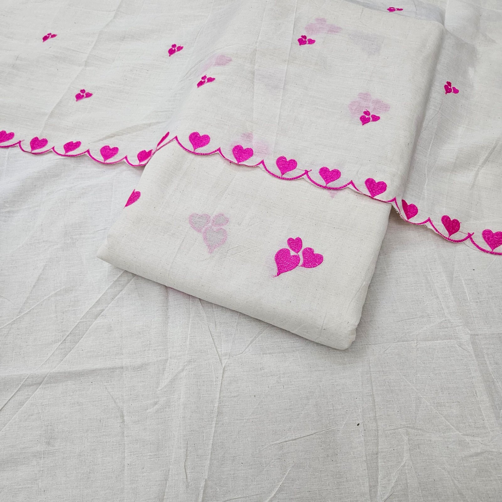 Pure Kora Cotton 3PC Heart Embroidery Suit Fabric - Image 8