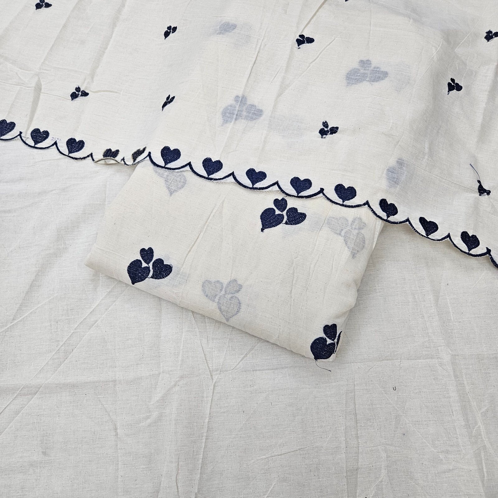 Pure Kora Cotton 3PC Heart Embroidery Suit Fabric - Image 7