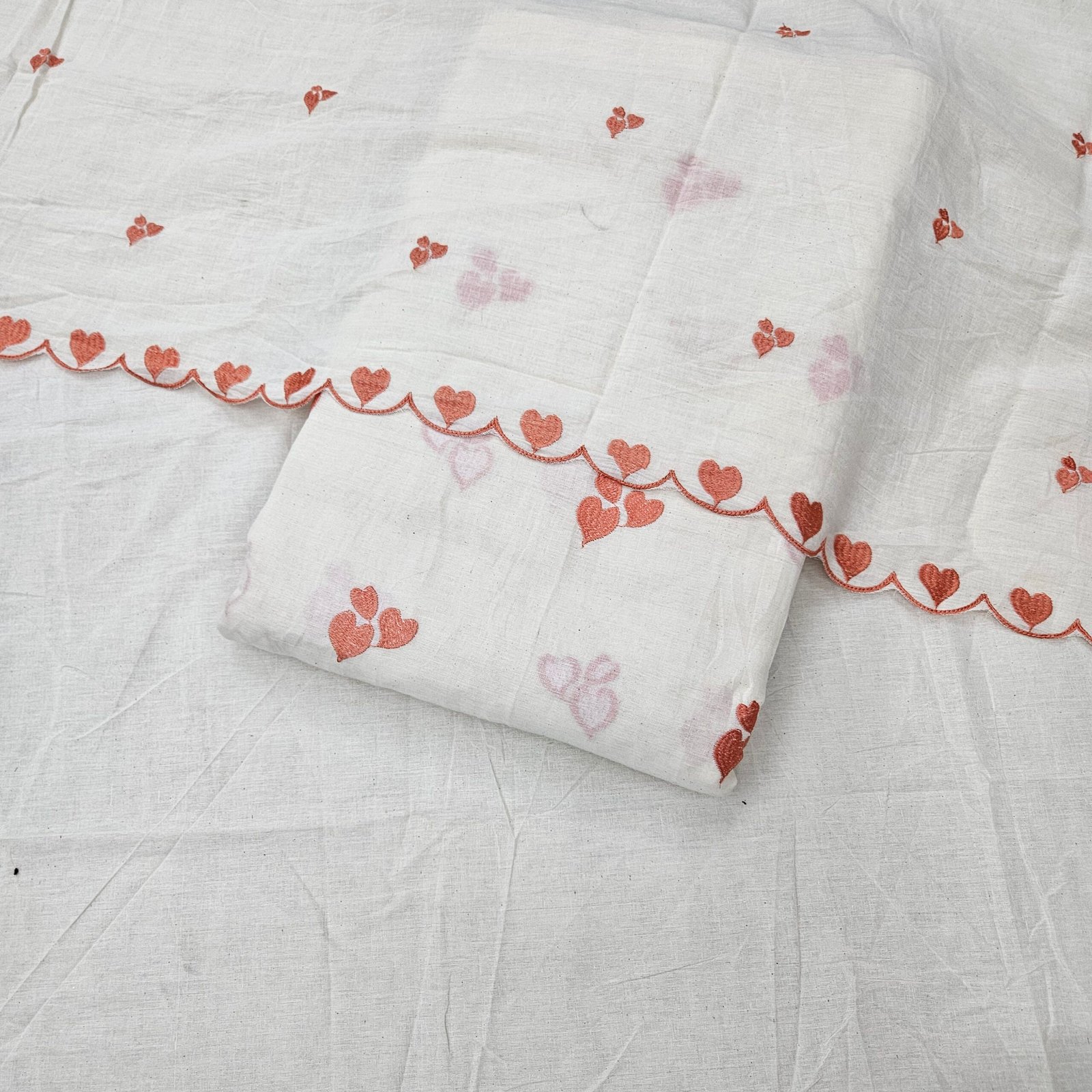 Pure Kora Cotton 3PC Heart Embroidery Suit Fabric - Image 9