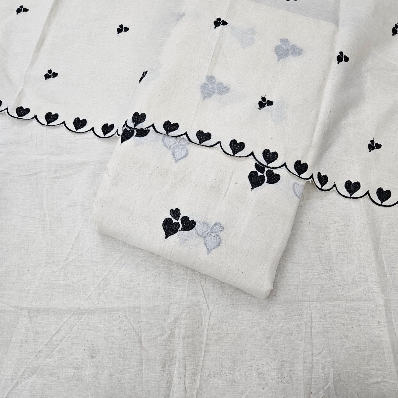 Pure Kora Cotton 3PC Heart Embroidery Suit Fabric - Image 6