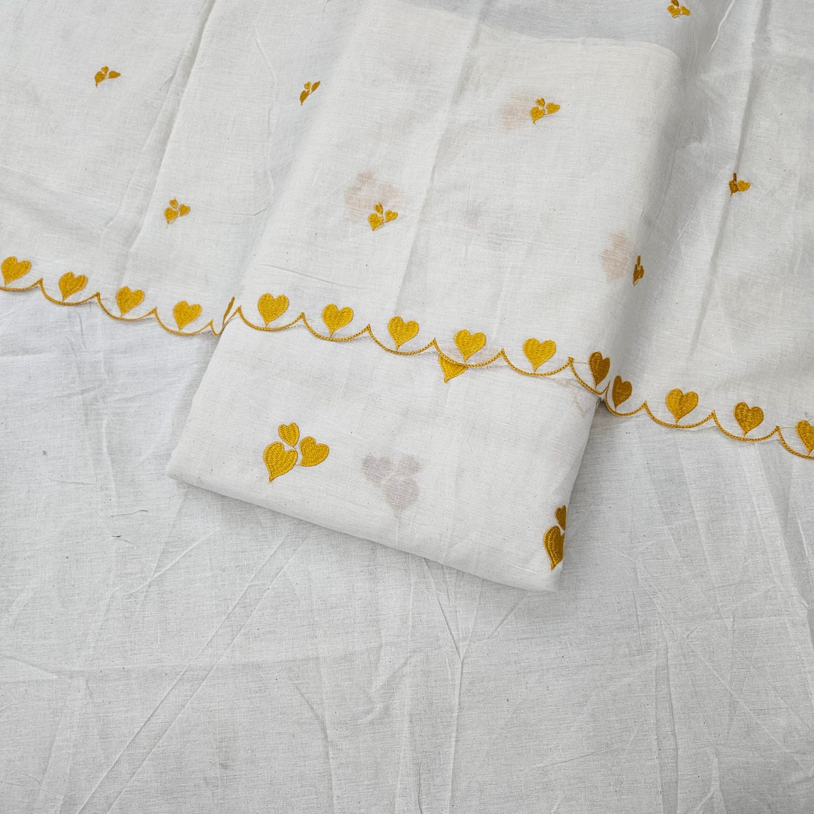 Pure Kora Cotton 3PC Heart Embroidery Suit Fabric - Image 3