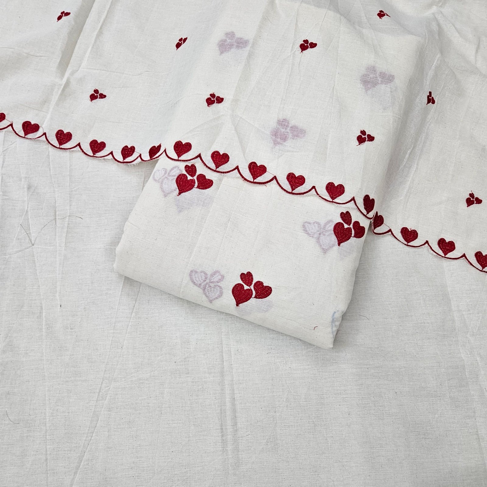 Pure Kora Cotton 3PC Heart Embroidery Suit Fabric - Image 2