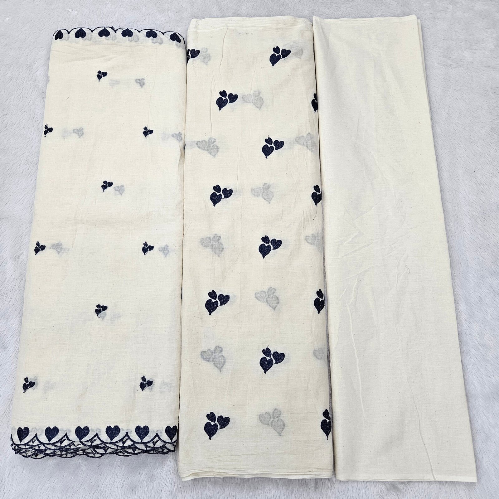 Pure Kora Cotton 3PC Heart Embroidery Suit Fabric - Image 11