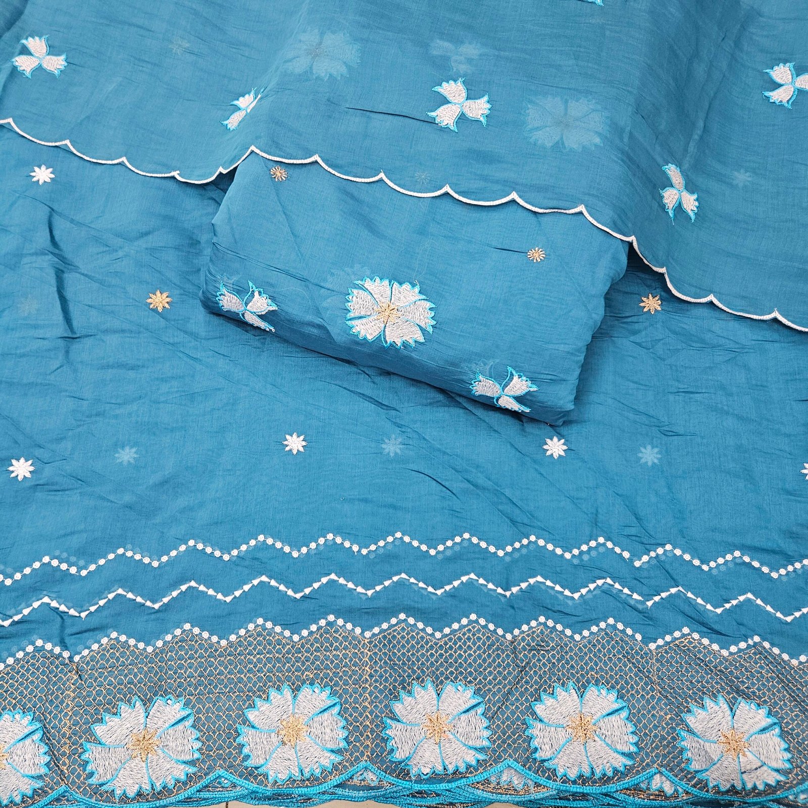 Heavy Embroidered 3PC Suit Fabric On Mul Chanderi - Image 4