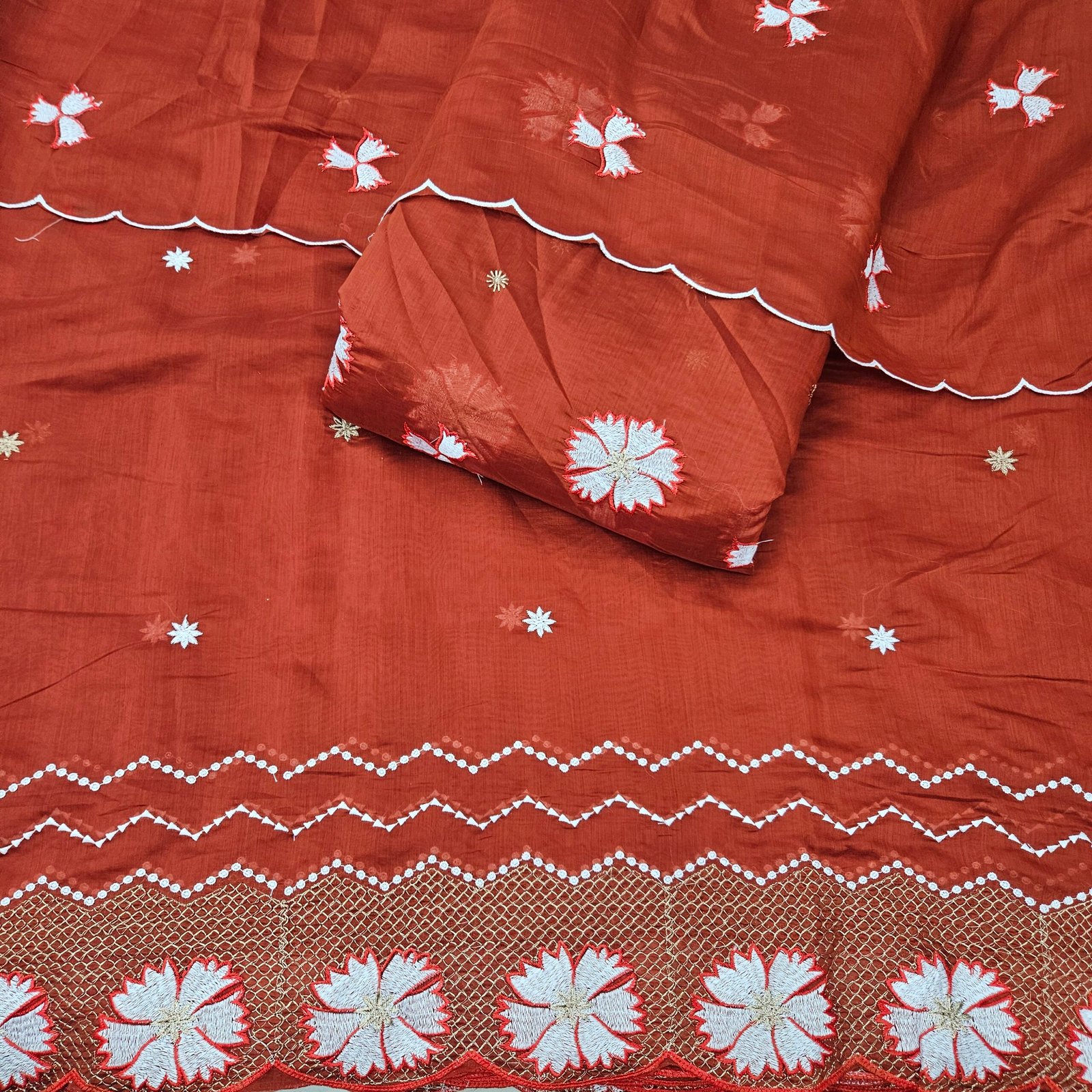 Heavy Embroidered 3PC Suit Fabric On Mul Chanderi - Image 2