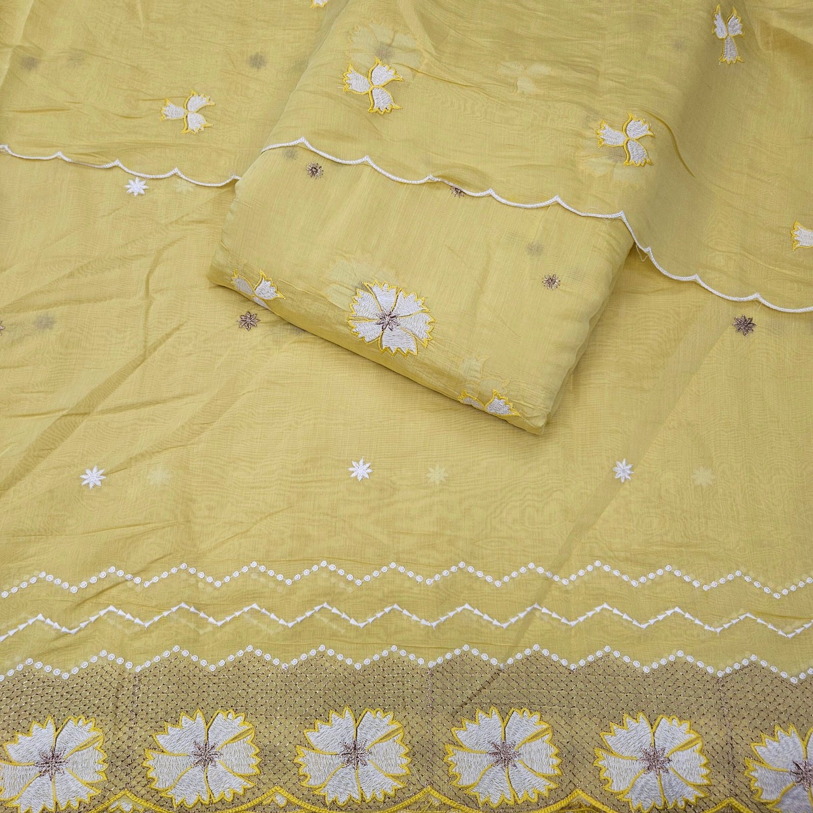 Heavy Embroidered 3PC Suit Fabric On Mul Chanderi - Image 8
