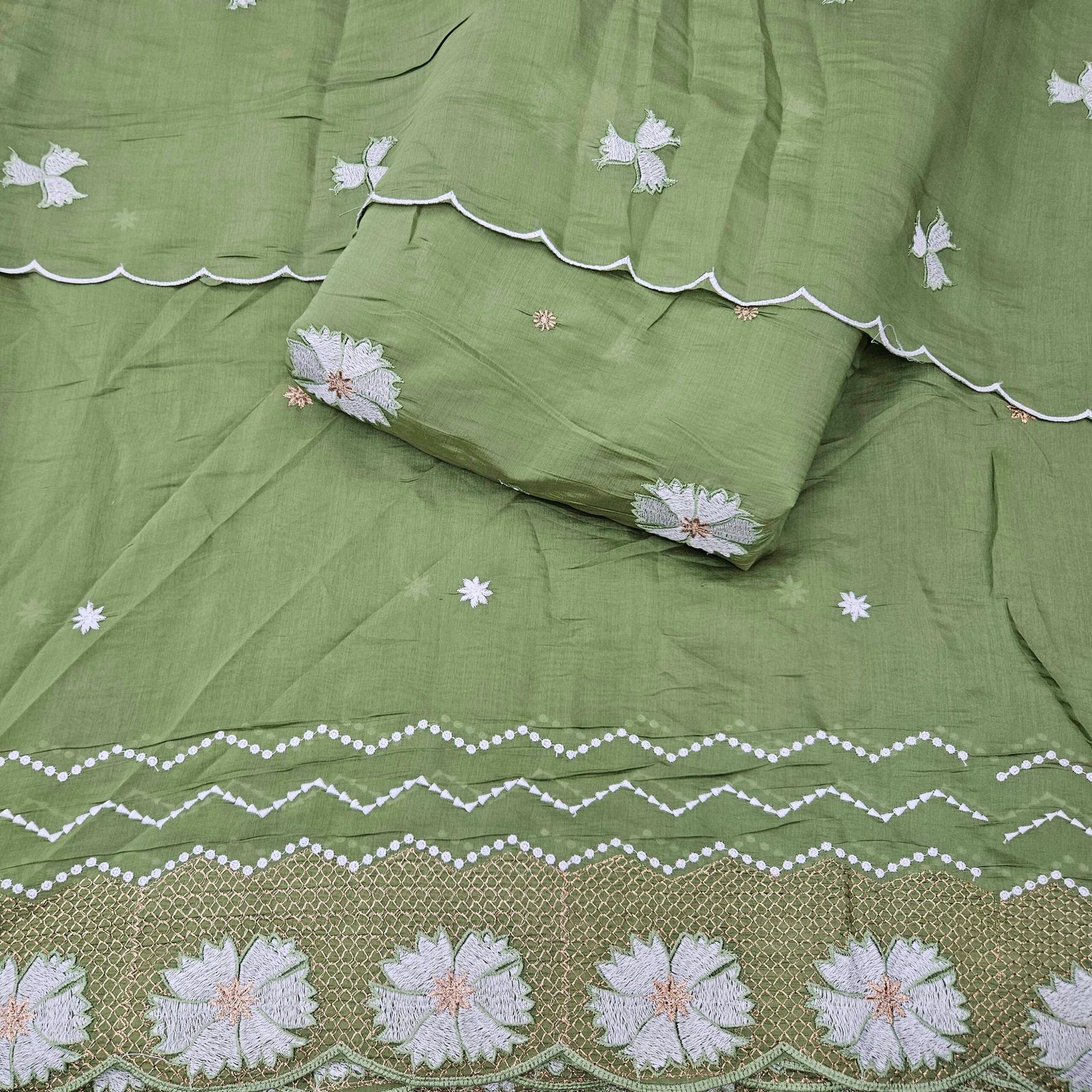 Heavy Embroidered 3PC Suit Fabric On Mul Chanderi - Image 7