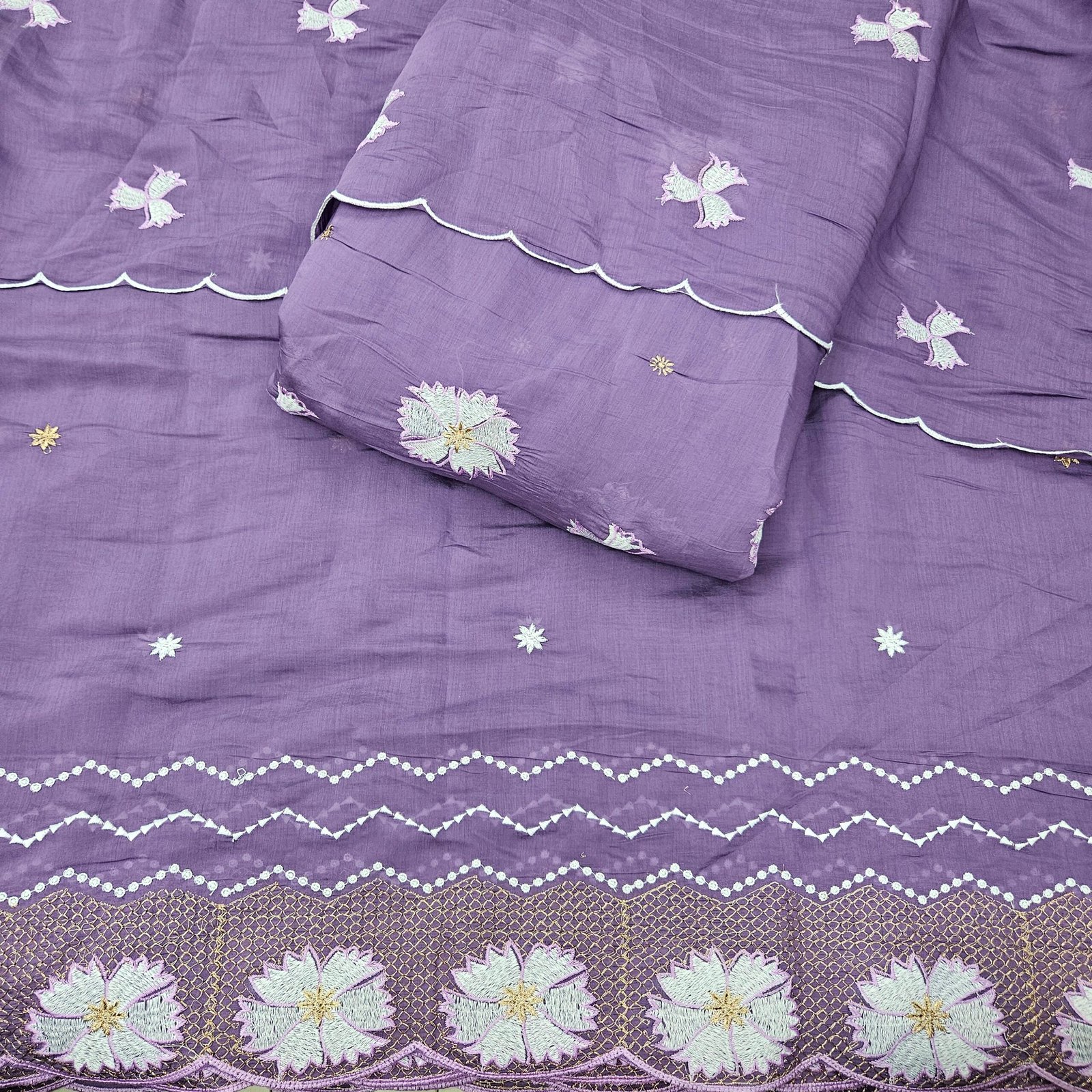 Heavy Embroidered 3PC Suit Fabric On Mul Chanderi - Image 6